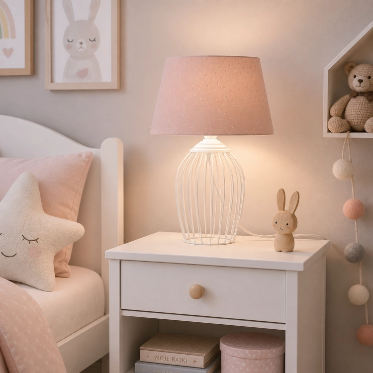 Lampka nocna Velvet Rose to stylowa lampka do pokoju dziecięcego w pudrowym różu. Aksamitny abażur i delikatne światło tworzą przytulny klimat. Idealna jako lampka nocna dla dzieci i dekoracja wnętrza.