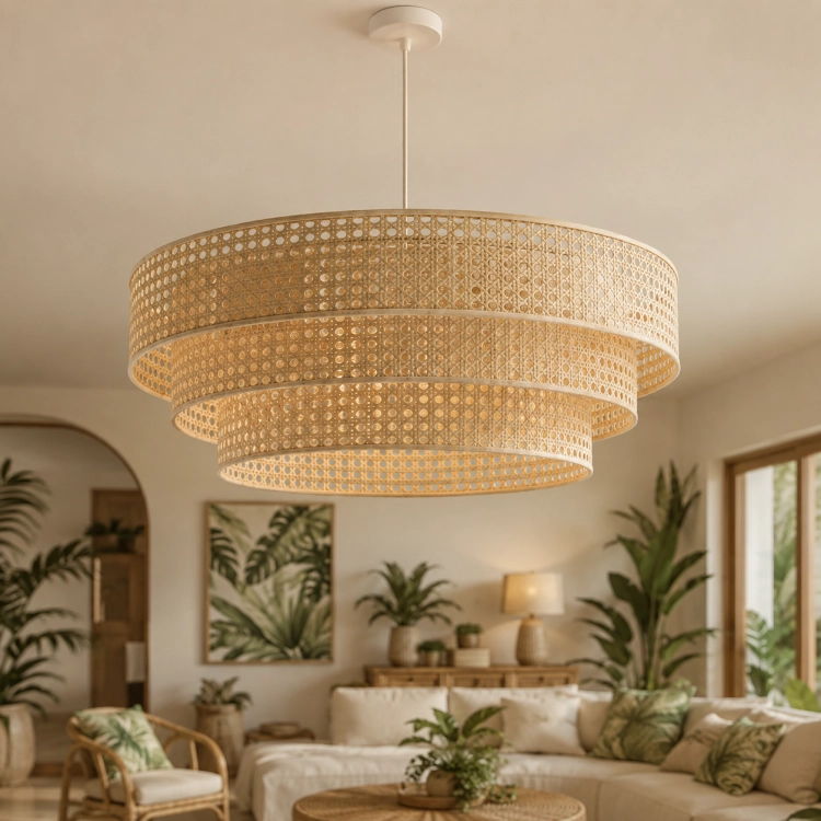 Lampa wisząca LOOM to stylowe oświetlenie w klimacie boho i japandi. Pleciony rattanowy abażur pięknie rozprasza światło, tworząc przytulną atmosferę. Idealna jako lampa do salonu, jadalni lub sypialni.