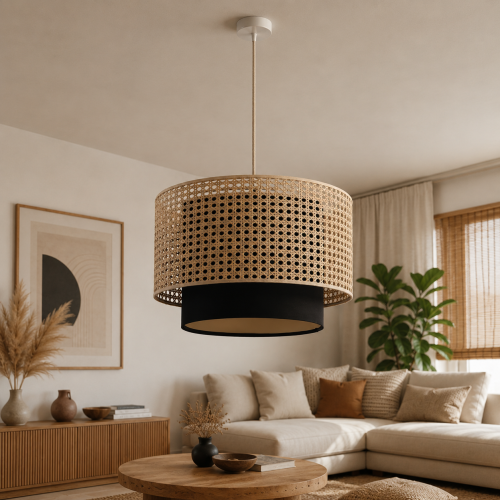 Lampa wisząca w stylu boho z podwójnym abażurem — zewnętrzny rattanowy walec oraz wewnętrzny czarny abażur tworzą nowoczesne i eleganckie połączenie.