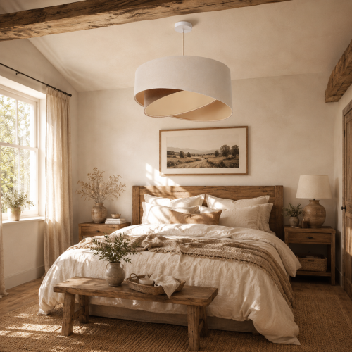 Lampa wisząca NAMI to designerska lampa sufitowa w stylu boho i japandi. Asymetryczny lniany abażur w beżowym kolorze subtelnie rozprasza światło, tworząc przytulną atmosferę w salonie, sypialni lub jadalni.