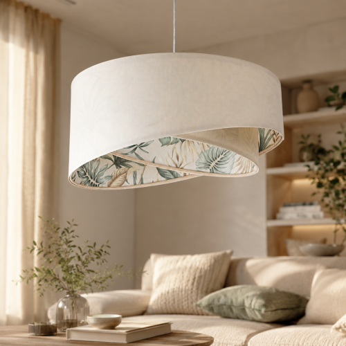 MONSTERA TWIST to designerska lampa wisząca premium z asymetrycznym abażurem i tropikalnym wnętrzem. Idealna do salonu, sypialni i nowoczesnych wnętrz w stylu modern organic, japandi oraz contemporary luxury.