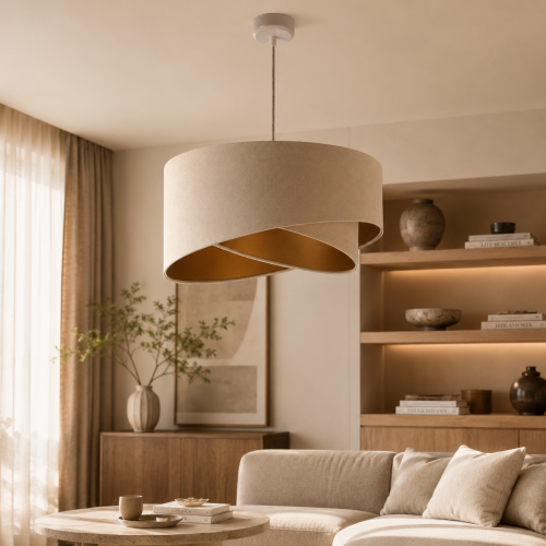 Lampa wisząca glamour z welurowym abażurem w kolorze ecru i złotym wnętrzem. Designerska forma, eleganckie wykończenie i długi przewód idealnie podkreślą styl sypialni, salonu lub jadalni w aranżacjach modern classic i glamour.