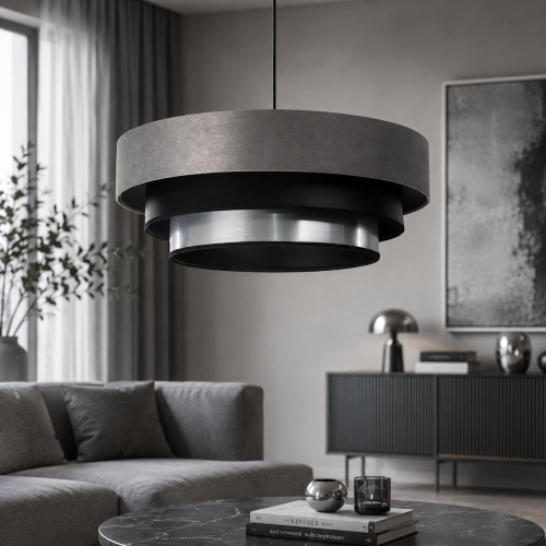 Nowoczesna lampa wisząca z wielowarstwowym abażurem w kolorze szarym, czarnym i srebrnym. Designerskie oświetlenie sufitowe do salonu, jadalni i sypialni. Elegancki styl loftowy i nowoczesny, wysoka jakość wykonania