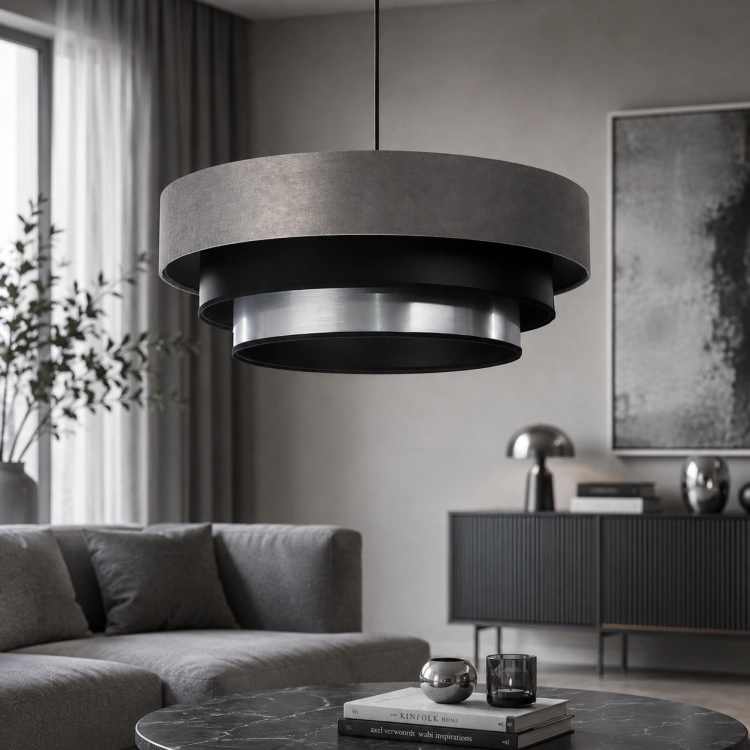 Nowoczesna lampa wisząca z wielowarstwowym abażurem w kolorze szarym, czarnym i srebrnym. Designerskie oświetlenie sufitowe do salonu, jadalni i sypialni. Elegancki styl loftowy i nowoczesny, wysoka jakość wykonania
