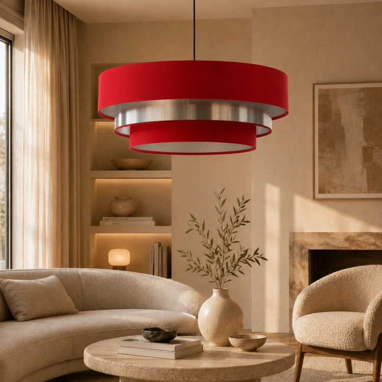 Nowoczesna lampa wisząca w intensywnym czerwonym kolorze z dekoracyjnym srebrnym pierścieniem. Designerski plafon do salonu, jadalni i biura. Eleganckie oświetlenie sufitowe w stylu modern loft i glamour, wykonane z wysokiej jakości materiałów.