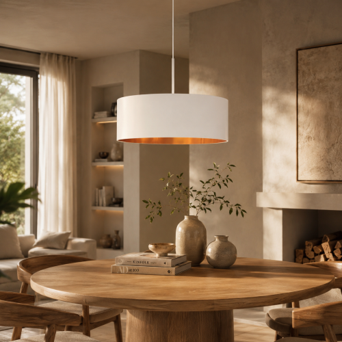 OLIVIA GOLD fi 50 cm to elegancka lampa wisząca premium ze złotym wnętrzem abażura. Polski producent, możliwość personalizacji od 1 do 5 źródeł światła, regulowana wysokość i nowoczesny design idealny do salonu oraz jadalni.