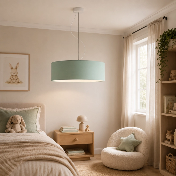 Miętowa lampa wisząca 60 cm do pokoju dziecięcego w stylu scandi. Designerski abażur premium zapewnia ciepłe, przytulne światło i idealnie komponuje się z nowoczesnym wnętrzem. Elegancka forma, naturalne kolory i ponadczasowy design.
