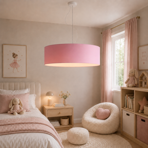 Różowa lampa wisząca do pokoju dziecięcego o średnicy 60 cm. Stylowy abażur zapewnia miękkie, przytulne światło i doskonale pasuje do wnętrz w stylu skandynawskim. Idealna do pokoju dziewczynki, sypialni lub kącika zabaw.