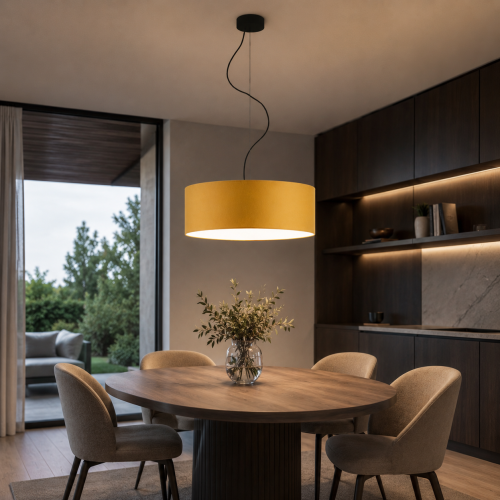 Lampa wisząca AMY fi 50 cm to nowoczesne oświetlenie z abażurem dostępne w 20 kolorach. Regulowana wysokość, możliwość konfiguracji 1-5 źródeł światła oraz opcjonalne denko sprawiają, że idealnie pasuje do salonu, jadalni i sypialni.