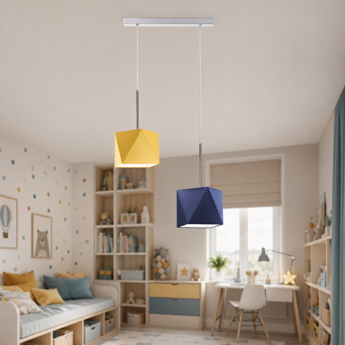 Nowoczesna lampa wisząca do pokoju dziecięcego z geometrycznymi abażurami w kolorze żółtym i granatowym. Designerskie oświetlenie sufitowe łączy funkcjonalność z modnym stylem, tworząc przytulną atmosferę do nauki, zabawy i odpoczynku.