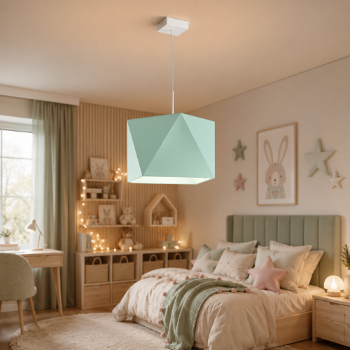 Miętowa lampa wisząca do pokoju dziecięcego o geometrycznym designie. Designerski plafon premium z ciepłym światłem, idealny do pokoju dziewczynki lub chłopca. Nowoczesne oświetlenie dziecięce w stylu skandynawskim i loftowym.