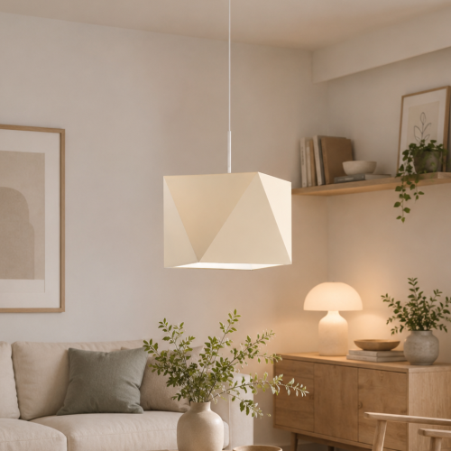 Nowoczesna lampa wisząca w stylu skandynawskim z geometrycznym abażurem. Minimalistyczna forma, jasna kolorystyka i elegancki design doskonale sprawdzą się w salonie, jadalni lub sypialni, tworząc przytulne i stylowe wnętrze premium.