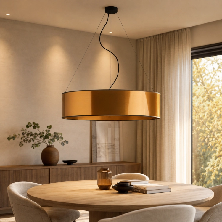 Elegancka lampa wisząca 80 cm w złotym połysku to nowoczesne oświetlenie premium do salonu, jadalni i apartamentów. Stylowy design, ciepłe odbicia światła i luksusowy charakter tworzą przytulną atmosferę we wnętrzu glamour i modern.