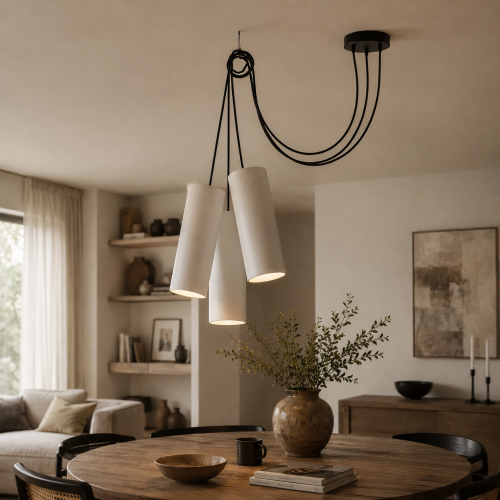 Nowoczesna lampa wisząca z trzema cylindrycznymi kloszami w białym kolorze. Designerska forma, miękkie światło i dekoracyjny przewód tworzą elegancki akcent do salonu, jadalni lub sypialni. Idealna do wnętrz loft, modern i japandi.