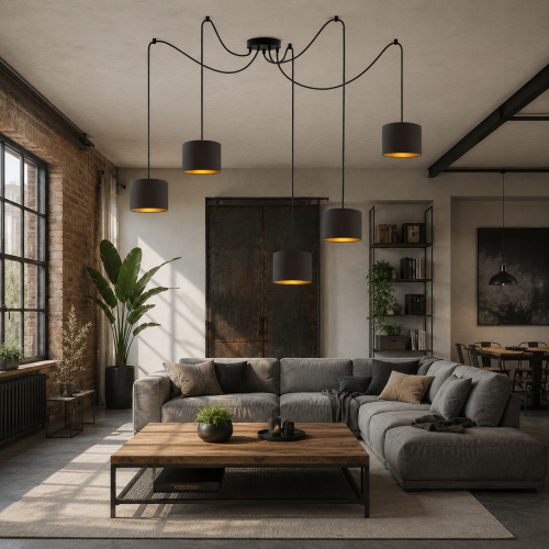 Nowoczesna lampa wisząca loft z 5 abażurami w kolorze czarnym. Industrialny design z długimi przewodami idealnie sprawdzi się nad stolikiem kawowym w salonie, jadalni lub loftowym wnętrzu. Stylowe oświetlenie z ciepłym, klimatycznym światłem.