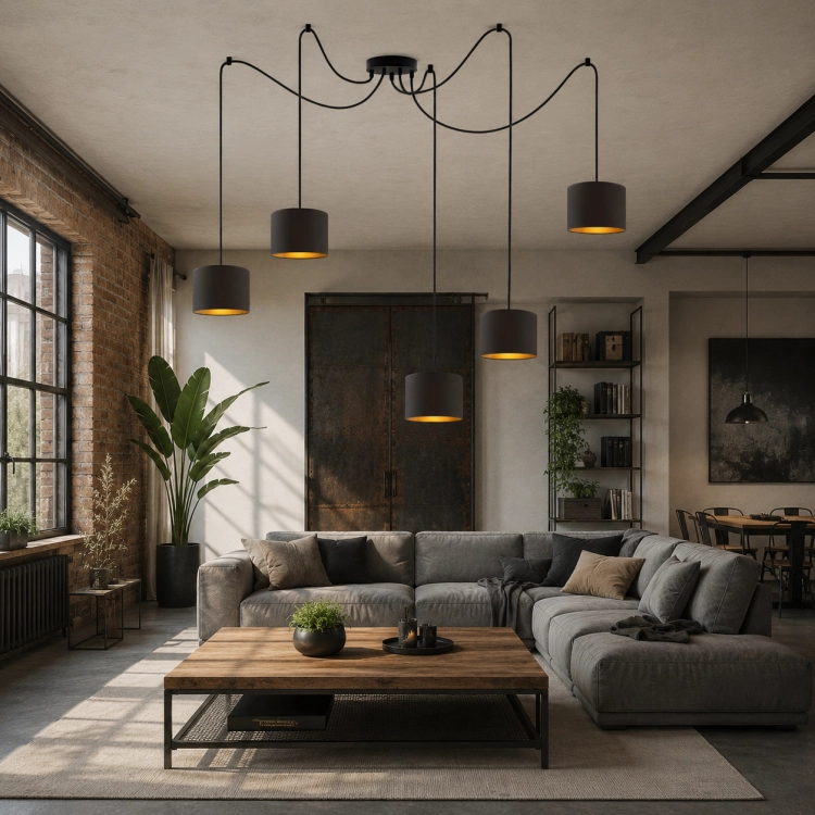 Nowoczesna lampa wisząca loft z 5 abażurami w kolorze czarnym. Industrialny design z długimi przewodami idealnie sprawdzi się nad stolikiem kawowym w salonie, jadalni lub loftowym wnętrzu. Stylowe oświetlenie z ciepłym, klimatycznym światłem.