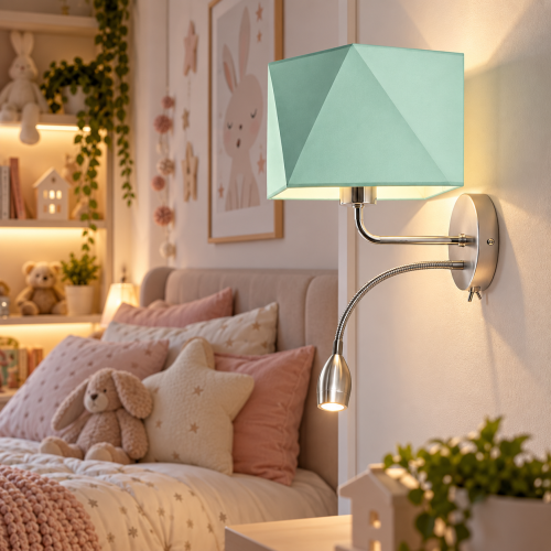 Kinkiet dziecięcy z miętowym abażurem i praktyczną lampką do czytania LED. Nowoczesna lampa ścienna idealna nad łóżko do pokoju dziecka. Stylowy design, przyjemne światło i regulowane ramię zapewniają komfort podczas czytania i odpoczynku.