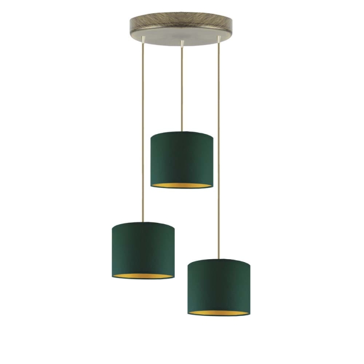 Lampa wisząca 3-punktowa ROYAL VELUR stare złoto abażur zieleń butelkowa ze złotym wnętrzem