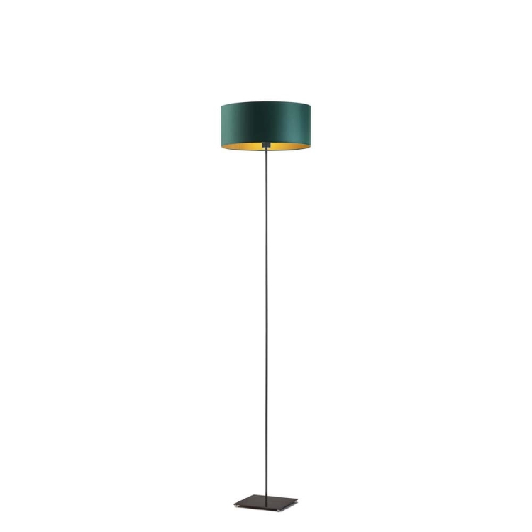 Minimalistyczna lampa stojąca do salonu LAURA GOLD lampa podłogowa nowoczesna abażur walec zieleń butelkowa