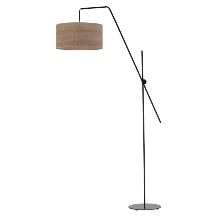 Czarna lampa stojąca z funkcją regulacji i abażurem imitującym fornir ELSA